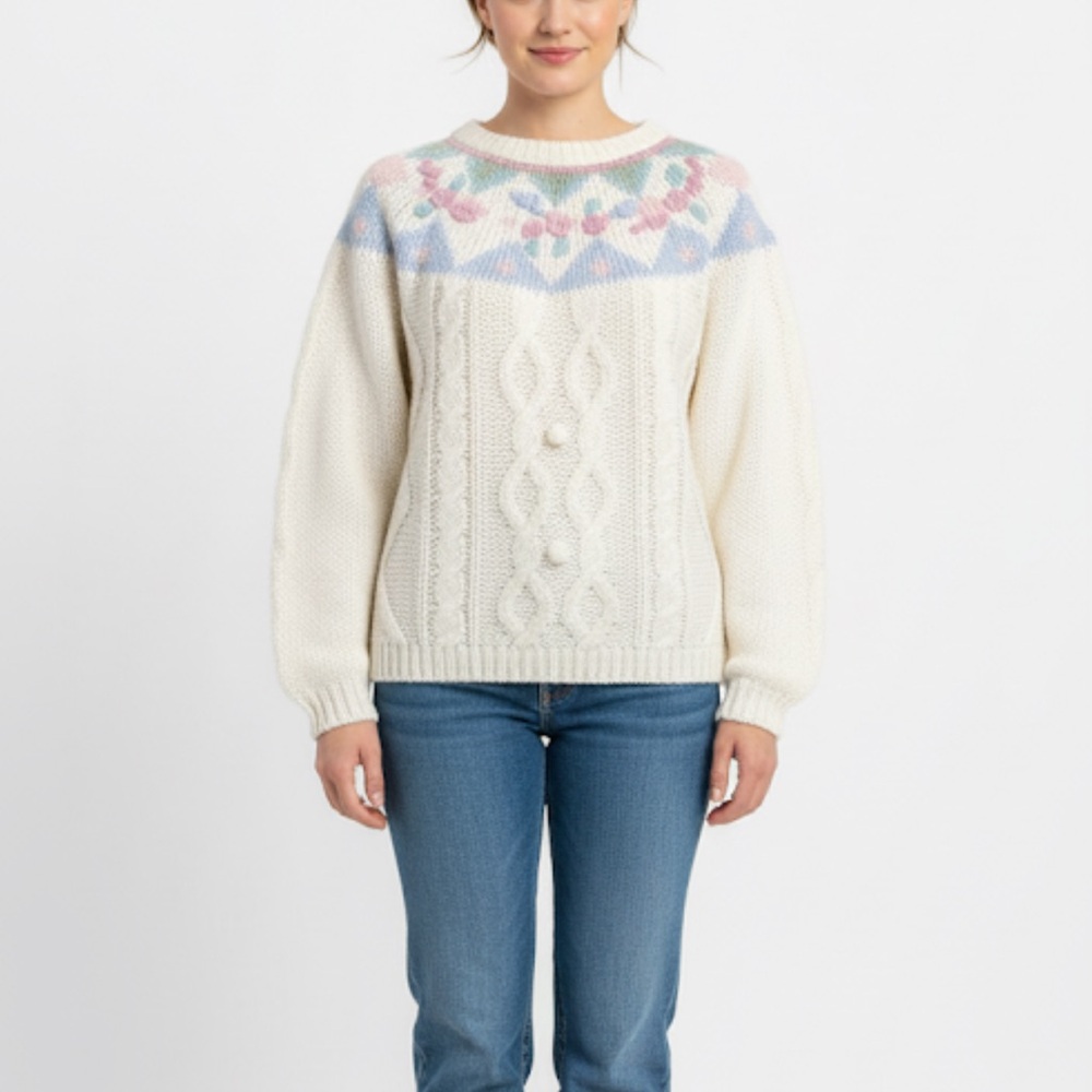 Vintage 80s Needles & Yarn Ivory Cable Knit Floral Yoke Crewneck Sweater Size M